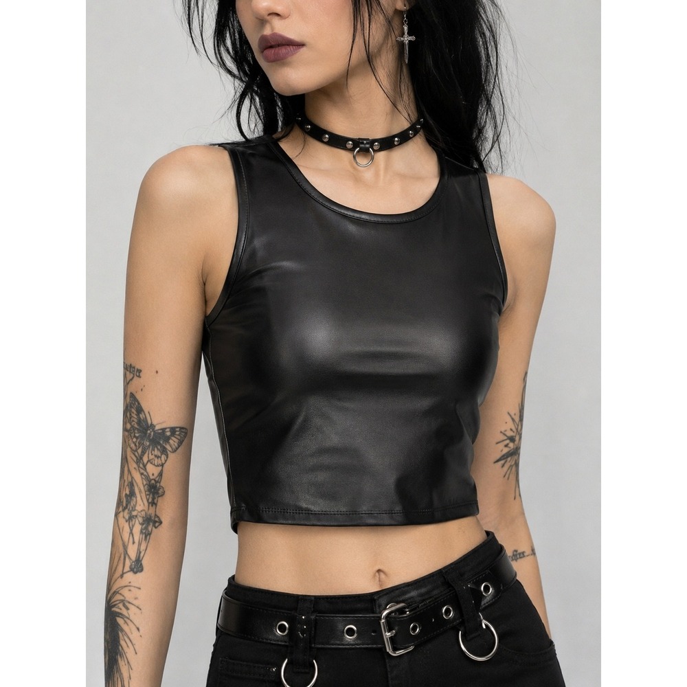 Olive + Oak Black Faux Leather Crop Top Small Biker Goth Club Night Out Tank